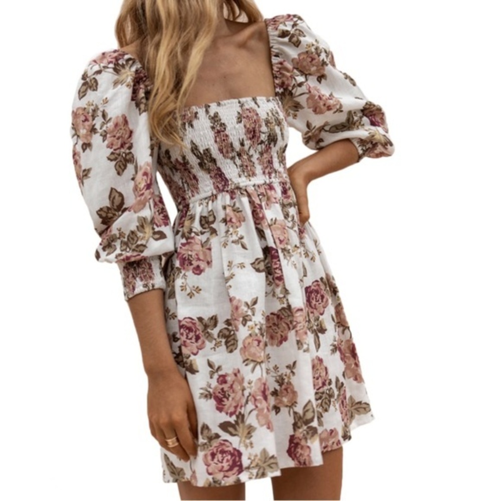 Posse Dress Smocked Linen Mini Puff Sleeve in White Pink Antique Floral